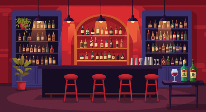 Vibrant vector illustration of a modern bar interior, featuring a fully stocked counter, red stools, and warm ambient lighting, perfect for a cozy pub scene