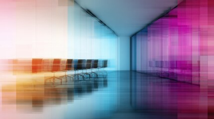 Modern office space with conference room and colorful lighting effects