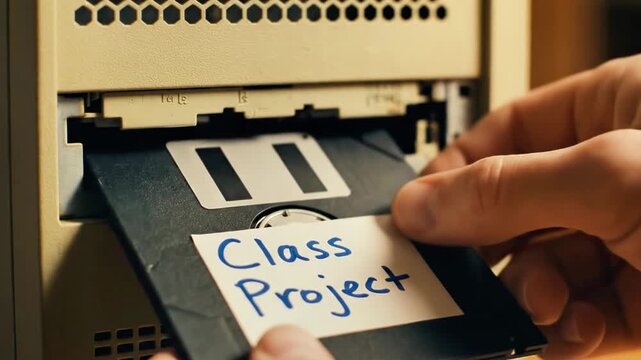 Hand holding a floppy disk labeled 'Class Project' near a computer disk drive