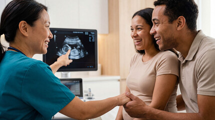 Obraz premium Doctor pointing to ultrasound monitor for a happy, pregnant couple in a medical examination room.