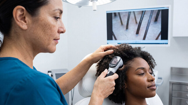 Trichologist in teal scrubs examines a patient's coily hair with a dermatoscope in a clinic.