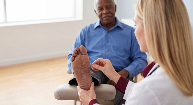 Female podiatrist examining the sole of a senior Black man's foot with a tool in a clinic.