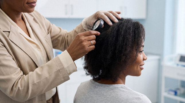 A Black trichologist in a beige coat examines a patient's afro hair with a magnifying glass.