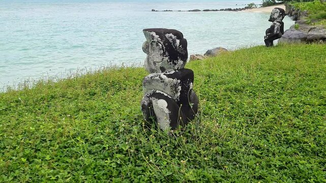 Huahine Island French Polynesia. Anini Mara'e Ancient Ceremonial Site, Stone Sculptures by Ocean