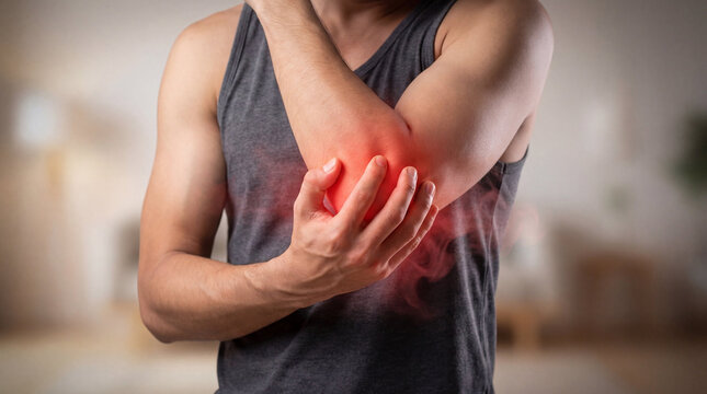 Close-up of a man holding his painful elbow with a red glow, indicating injury, inflammation, or a medical condition. Health and sports injury concept