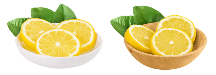 Fototapeta premium Ripe lemon slices in ceramic and wooden bowl isolated on white background with full depth of field.