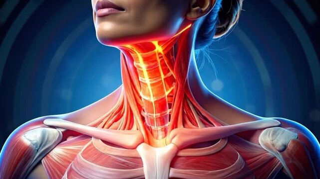 Anatomical illustration of a woman's upper body, highlighting the muscles and skeletal structure.