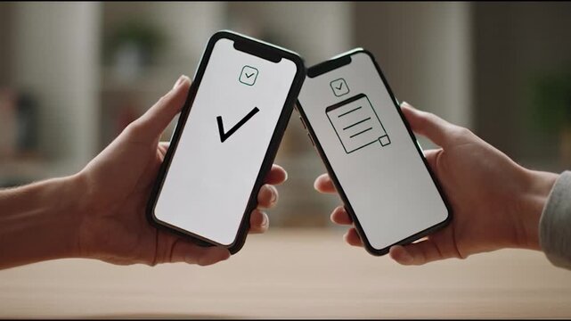 Smartphone Transaction: Two hands hold up smartphones, symbolizing a secure and seamless transaction, with a digital checklist and a check mark indicating completion of the process.
