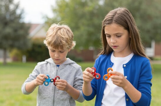 Two Young Children Play with Fidget Spinners Outdoors on a Sunny Day, Focusing on the Toys