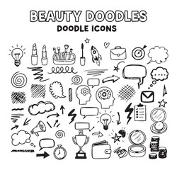 Obraz premium beauty doodle vector icons, fashion hand drawn symbols, makeup sketch illustrations, cosmetic design elements, self care doodle pack, beauty lifestyle icons, salon graphic set