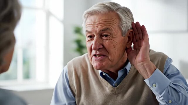 Senior man struggling to hear during conversation, cupping ear and expressing difficulty. Hard of hearing concept.