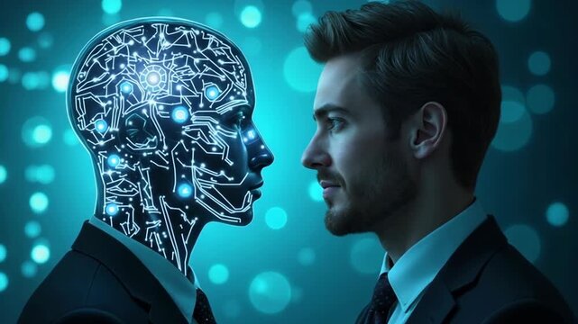 A business professional faces an illuminated digital humanoid robot with circuit patterns, symbolizing the interaction and contrast between human intelligence and advanced AI in a futuristic setting.