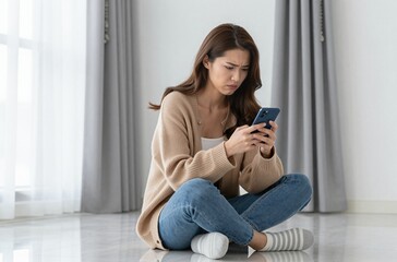 Obraz premium Concerned young woman sitting on the floor frowning at her smartphone, reflecting digital stress, bad news, or confusion about mobile technology.