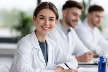 Fototapeta premium Smiling female student in white medical coat sitting at a table with classmates, laboratory equipment and plants visible in the background, engaged in learning