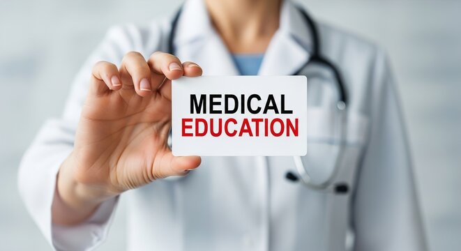 A doctor or medical professional in a white coat holding a card with 'MEDICAL EDUCATION' written on it, emphasizing healthcare training.