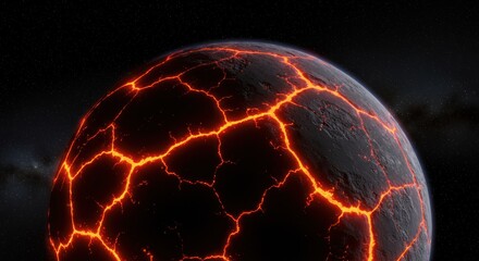 Fototapeta premium Molten Planet's Fiery Embrace: A captivating vision of a celestial body consumed by an inferno, its surface fractured with glowing lava veins against the stark backdrop of the universe.