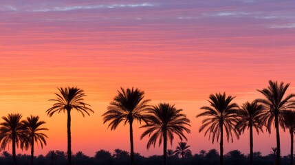 Fototapeta premium Colorful hues fill the sky as the sun sets behind tall palm trees, creating a tranquil scene in a tropical paradise during the peaceful evening hours. Nature's beauty shines bright