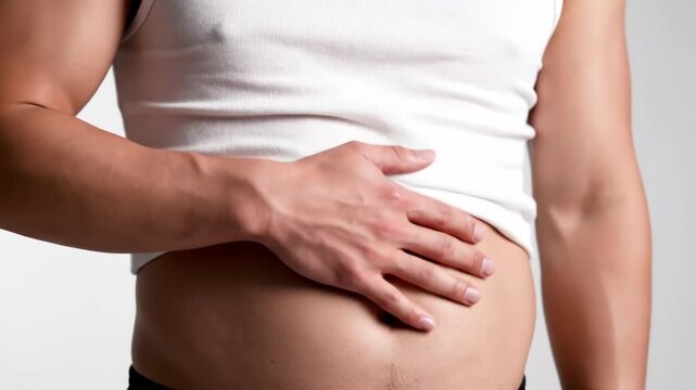 Asian man touching his belly showing body fat and weight problem and holding excess belly fat for health and fitness concept