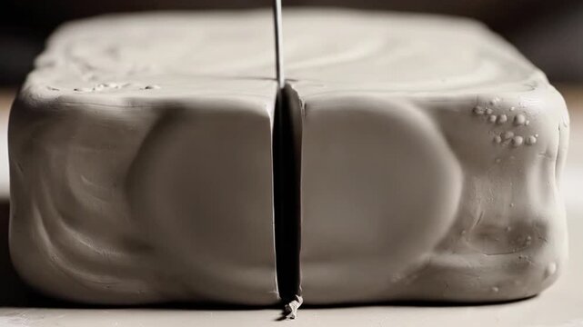 A rectangular block of clay being cut in half with a thin wire