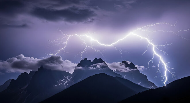 Lightning Strikes Over Jagged Mountain Peaks at Night