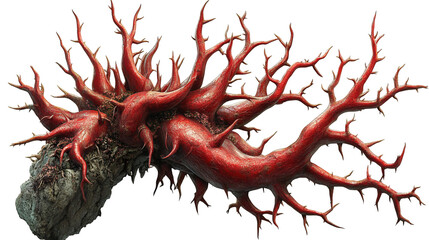 Close-up of a surreal, blood-red, branching structure with a stony base