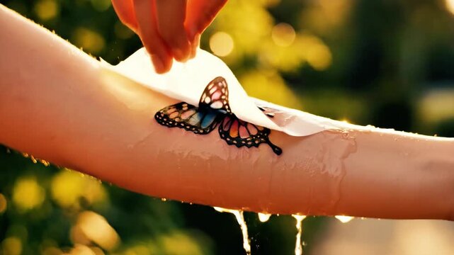 A person's arm with a temporary tattoo of a butterfly being peeled off