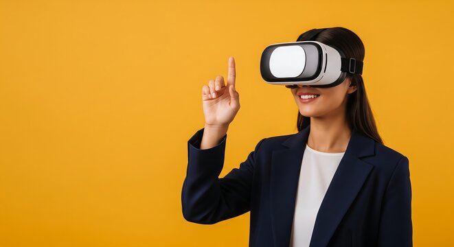 Woman in VR headset pointing finger forward, experiencing virtual reality technology for business and entertainment, bright yellow background
