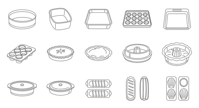 A collection of various baking pans and dishes in line art style, including cake pans, muffin tins, pie plates, and casserole dishes.