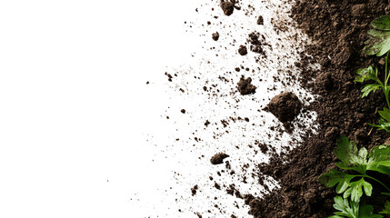 Top-down view of dark soil with flecks of white and green parsley sprigs