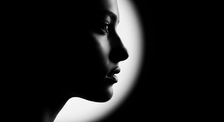 Obraz premium A minimalist silhouette of a model's face in profile, lit with a single rim light to highlight the smoothness of the skin. Deep shadows, high-end editorial style, monochromatic palette, focus on form