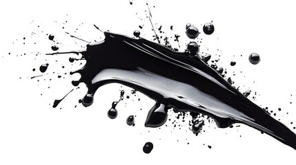 Dark liquid splash in motion, with droplets on black background