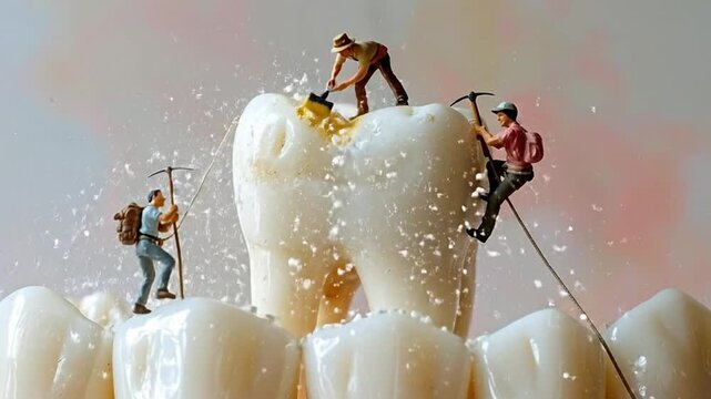Miniature construction workers repairing a large tooth, symbolizing dental care and oral hygiene.