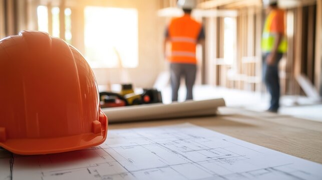 drafting. Architectural blueprint on a drafting table with a professional in safety helmet, set against a construction site backdrop. real-estate listings.