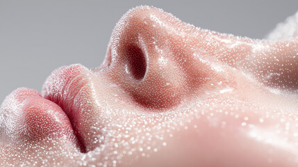 Fototapeta premium Artificial skin surface water droplets macro closeup realistic. Synthetic biological tissue transplant biotechnology innovation. Regenerative medicine laboratory bioengineered material texture pores.