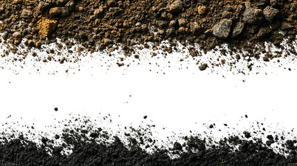 Close-up view of a dark road section between uneven dirt and gravel, stark contrast