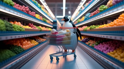 Obraz premium Penguin Shopping for Fresh Fruit in a Supermarket Aisle