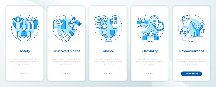 Trauma informed care principles blue onboarding mobile app screen. Walkthrough 5 steps editable graphic instructions with linear concepts. UI, UX, GUI. Montserrat SemiBold, Regular fonts used