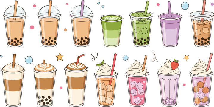 Cute boba bubble tea and iced coffee vector set with various milk tea flavors and whipped cream toppings
