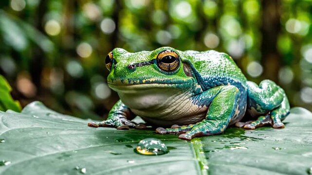 A vibrant green frog with striking eyes rests on a wet, large leaf in a lush, bokeh-filled forest setting