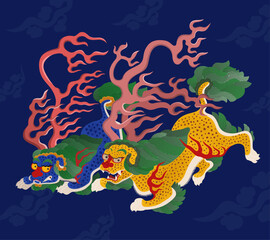 Fototapeta premium Korean Traditional Mythical Lion Illustration : Guardian for Prosperity and Good Luck Vector | 조선 후기 신수(神獸) 사자(獅子) 일러스트 벡터