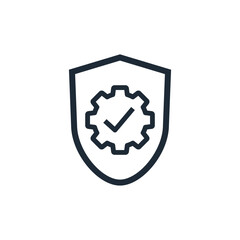A shield with a mechanism marked with a check mark. Reliable, proven protection.Vector linear icon illustration isolated on white background.