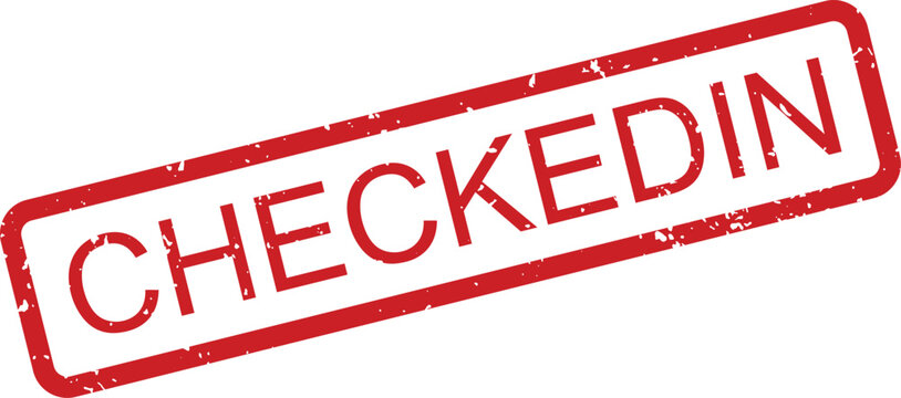 A clear red rectangular rubber stamp showing the word CHECKEDIN often used for arrival or registration on a plain white surface