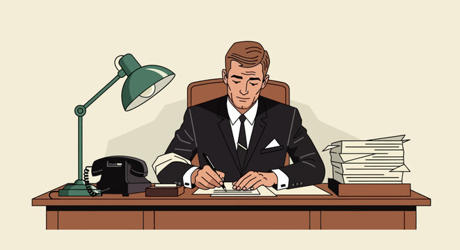 Businessman sitting at a desk, working on documents with a lamp and papers nearby, office environment, front view flat vector illustration of 1960s