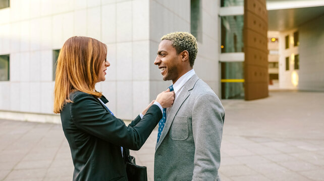 Young businesswoman fastening tie of young businessman