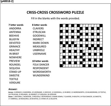 Crossword puzzle word game (p40018-2) of criss-cross, or fill-in, style (words APPRIZE - SIMPLICITY). Answer included. Grid 15 x 15 size, 28 highly interlocked words.
