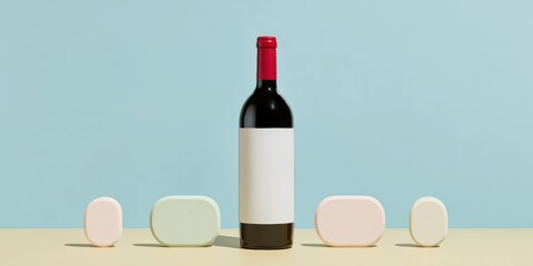 Naklejka premium Elegant Wine Bottle Blank Mockup standing on a studio surface with pastel geometric shapes for product advertising and branding design against a soft blue background