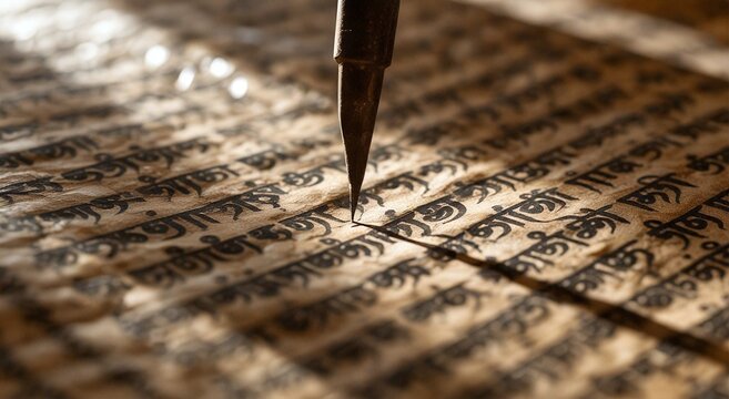 A close-up shot of a traditional pen or stylus meticulously writing ancient script on aged parchment, bathed in warm, soft light.