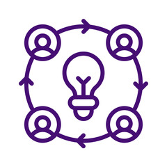 Purple teamwork icon with lightbulb and people isolated on transparent background