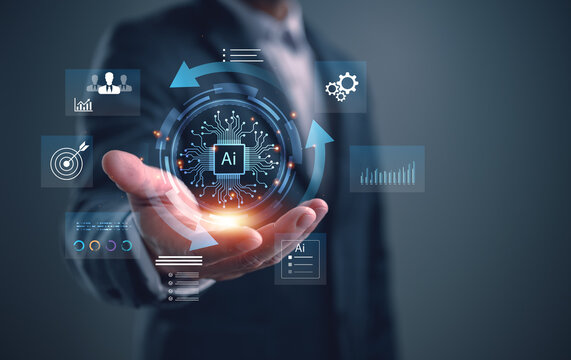 Artificial intelligence business, AI processor and data analytics interface on human hand. Smart technology, machine learning, digital transformation, automation strategy, future business innovation.