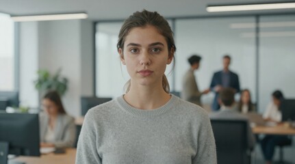 Obraz premium Confident young businesswoman in modern office environment, depicting success and career advancement